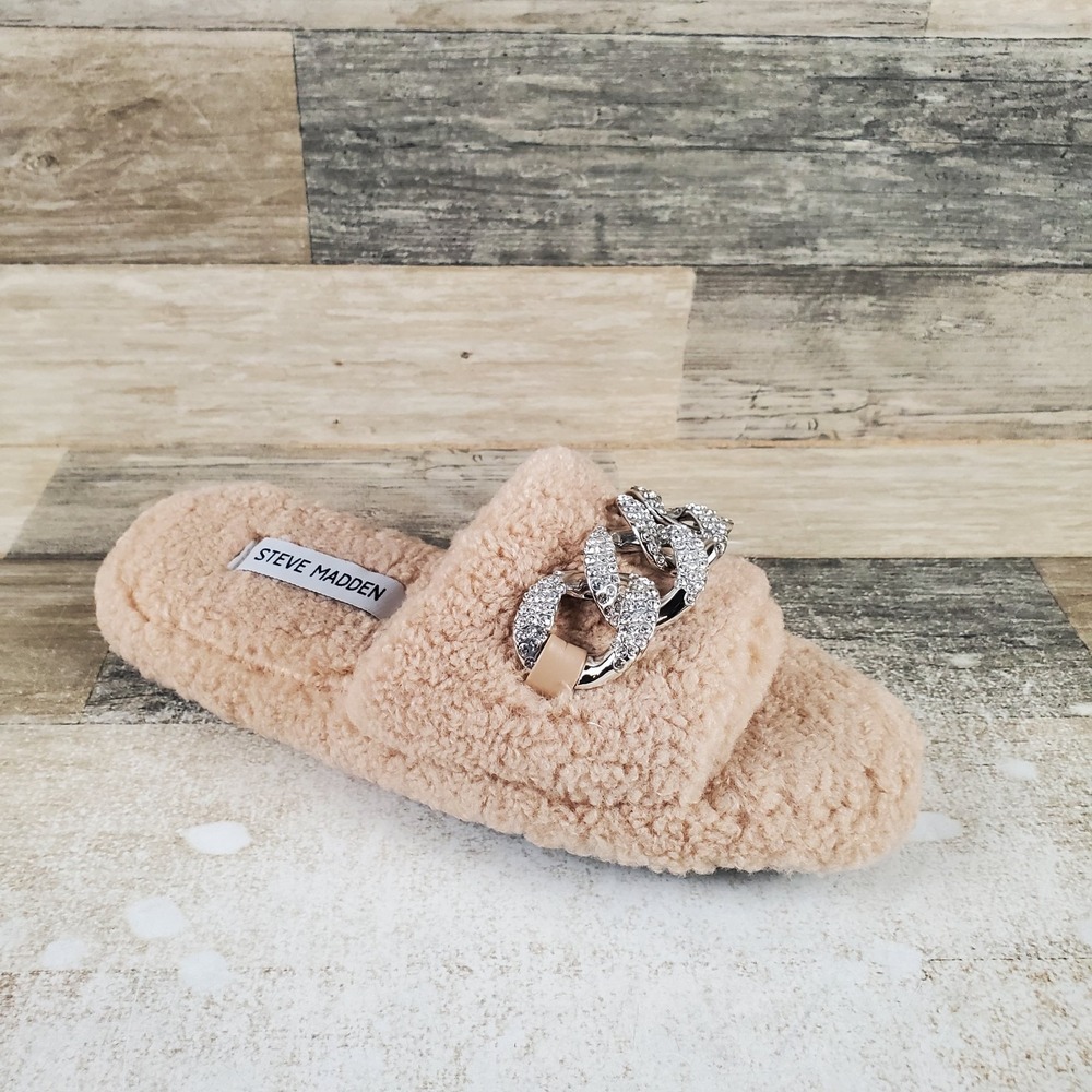 Steve Madden Shylo Womens Slippers Sz 6 M Tan Comfort Faux Fur Open Toe Slides